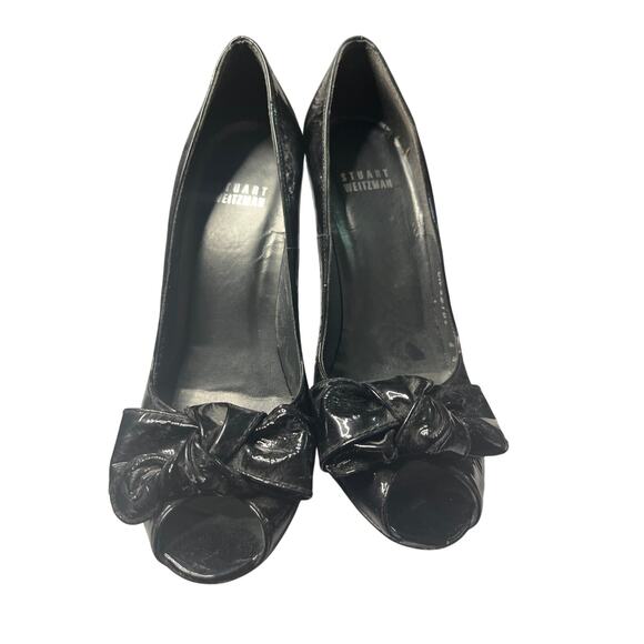 Stuart Weitzman Black Bow Tie Patent Leather Peep Toe Pumps 6.5 - Picture 4 of 11